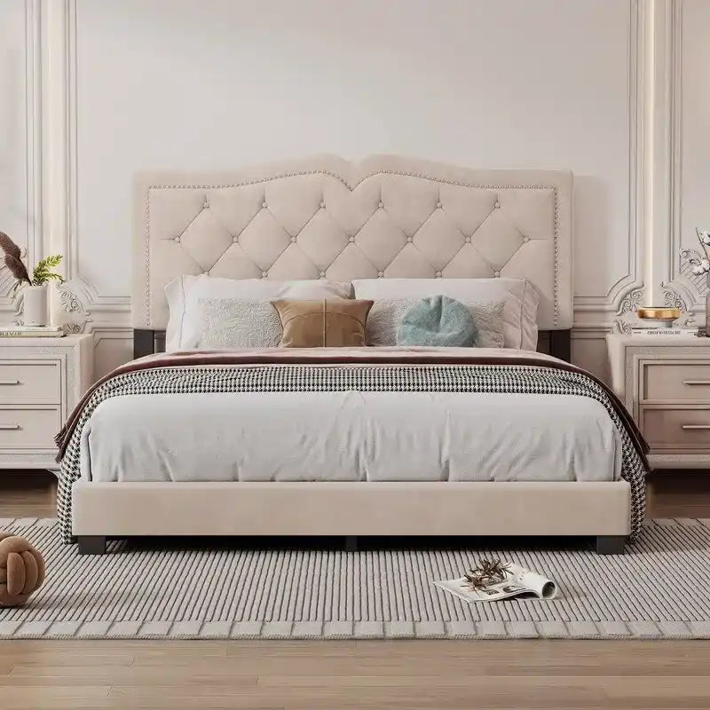 Lit capitonné en velours, avec rivets, taille Queen (matelas d'environ 152 x 203 cm)