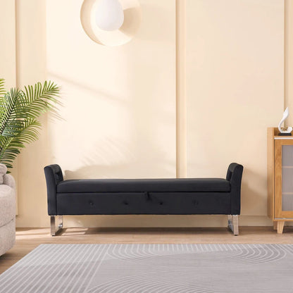 67,91Banc de rangement large en velours doux avec accoudoirs pour salon, entrée et chambre à coucher