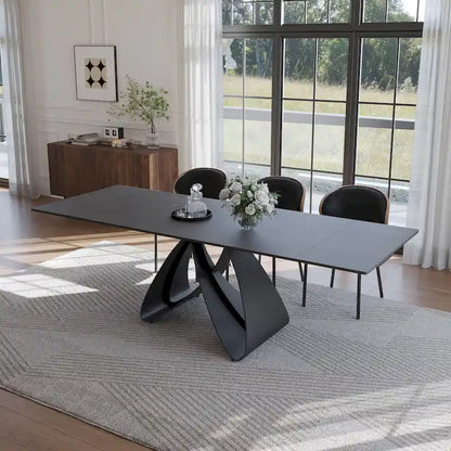 63-94Table de salle à manger moderne extensible pour 6 à 10 personnes, table de cuisine noire mate avec pieds en acier au carbone noir