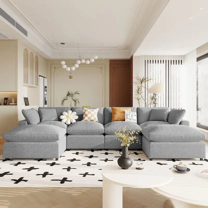 134.40 Canapé d'angle moderne en U à 6 places avec 2 grandes méridiennes, poufs amovibles et coussins moelleux