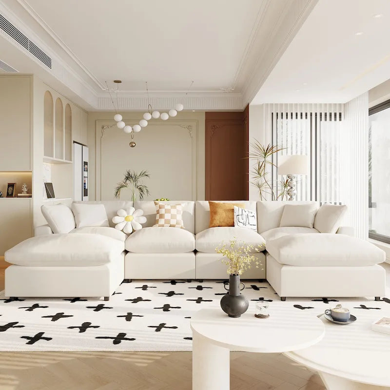 134.40 Canapé d'angle moderne en U à 6 places avec 2 grandes méridiennes, poufs amovibles et coussins moelleux