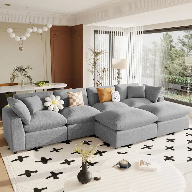 134.40 Canapé d'angle moderne en U à 6 places avec 2 grandes méridiennes, poufs amovibles et coussins moelleux