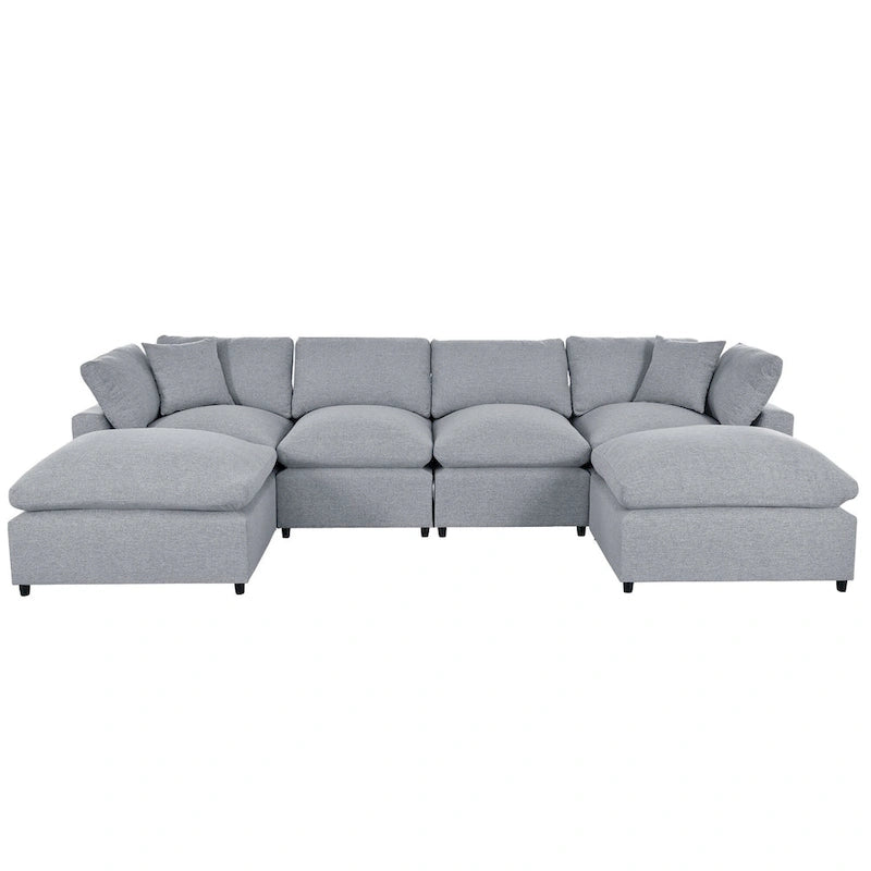 134.40 Canapé d'angle moderne en U à 6 places avec 2 grandes méridiennes, poufs amovibles et coussins moelleux