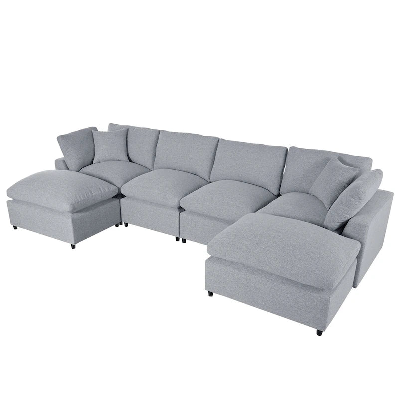 134.40 Canapé d'angle moderne en U à 6 places avec 2 grandes méridiennes, poufs amovibles et coussins moelleux
