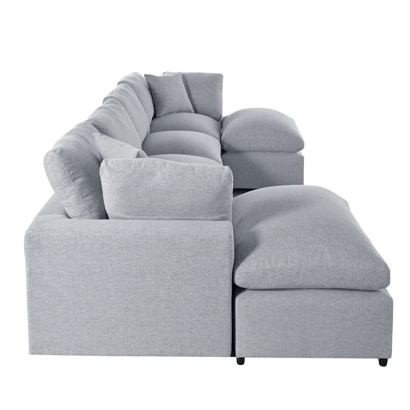 134.40 Canapé d'angle moderne en U à 6 places avec 2 grandes méridiennes, poufs amovibles et coussins moelleux