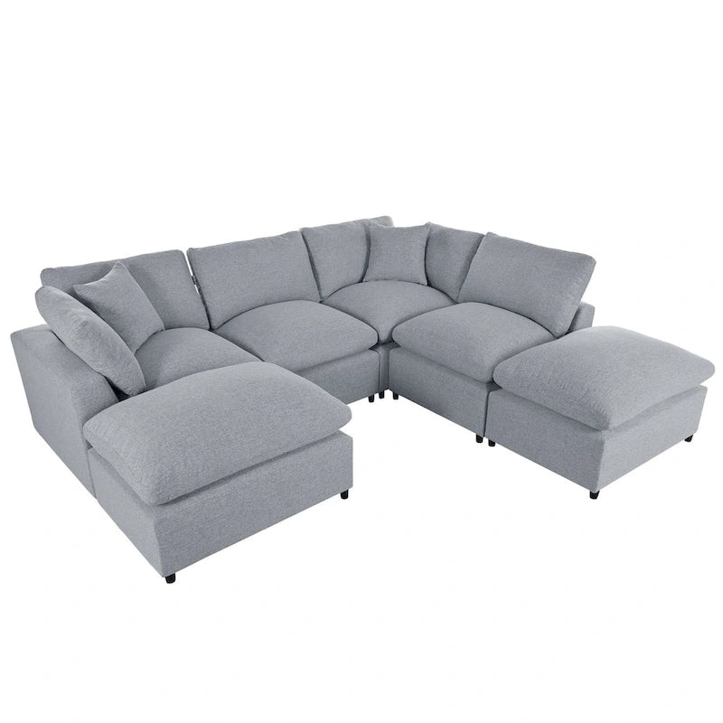 134.40 Canapé d'angle moderne en U à 6 places avec 2 grandes méridiennes, poufs amovibles et coussins moelleux