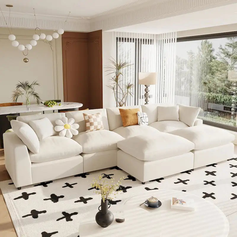 134.40 Canapé d'angle moderne en U à 6 places avec 2 grandes méridiennes, poufs amovibles et coussins moelleux