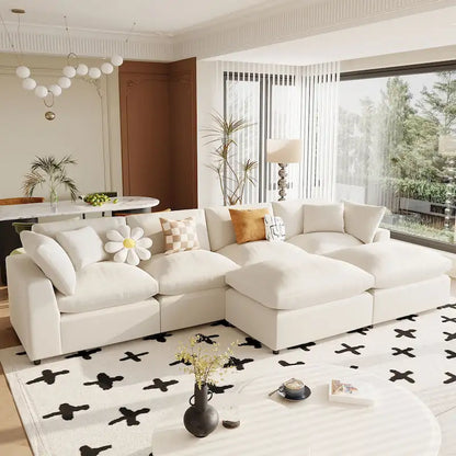 134.40 Canapé d'angle moderne en U à 6 places avec 2 grandes méridiennes, poufs amovibles et coussins moelleux
