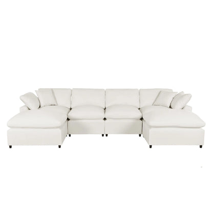 134.40 Canapé d'angle moderne en U à 6 places avec 2 grandes méridiennes, poufs amovibles et coussins moelleux