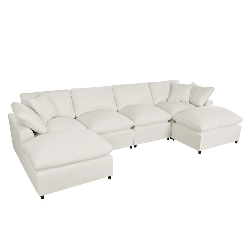 134.40 Canapé d'angle moderne en U à 6 places avec 2 grandes méridiennes, poufs amovibles et coussins moelleux