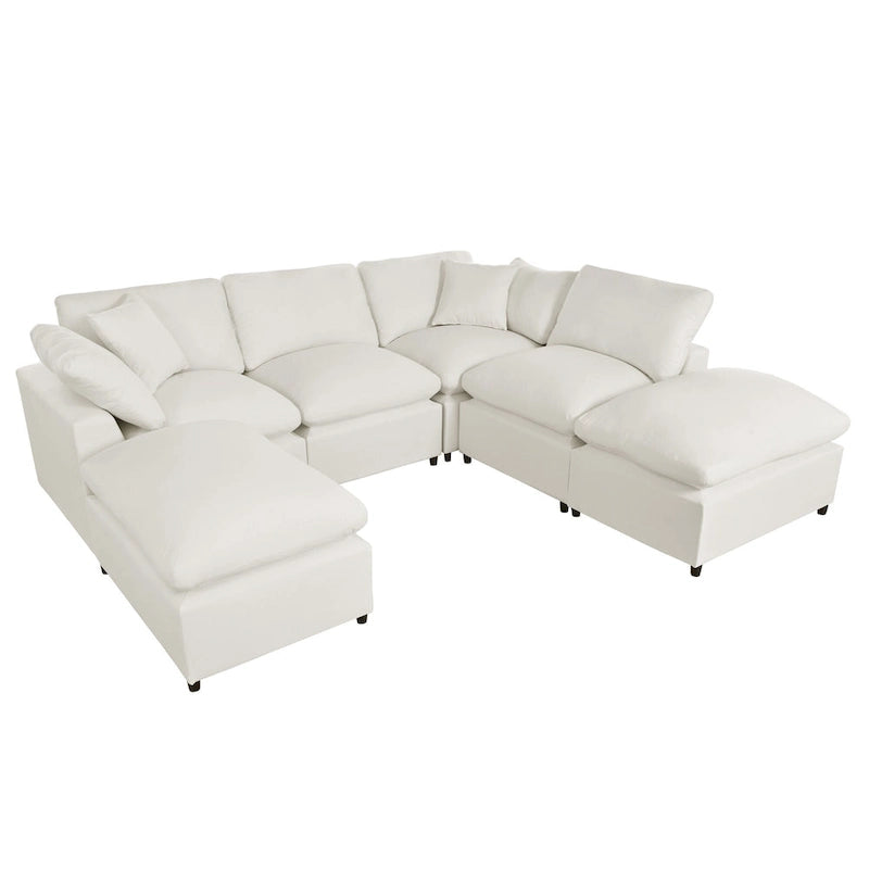 134.40 Canapé d'angle moderne en U à 6 places avec 2 grandes méridiennes, poufs amovibles et coussins moelleux