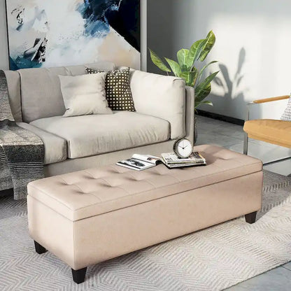 Banc de rangement, banc de bout de lit, coffre de rangement en tissu de lin avec couvercle relevable, pouf capitonné avec rangement pour le salon