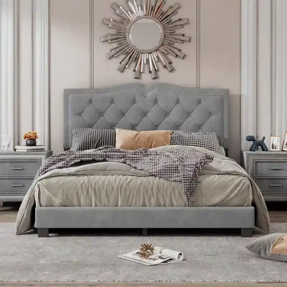 Lit capitonné en velours, avec rivets, taille Queen (matelas d'environ 152 x 203 cm)