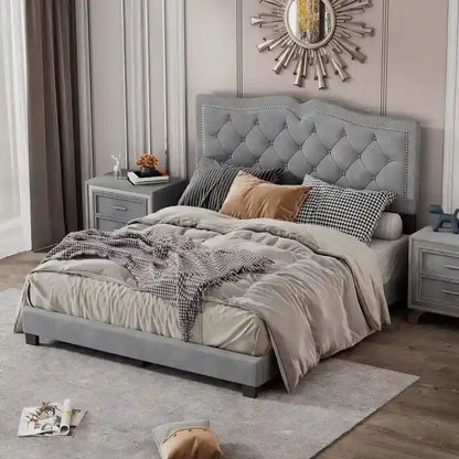 Lit capitonné en velours, avec rivets, taille Queen (matelas d'environ 152 x 203 cm)