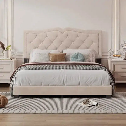Lit capitonné en velours, avec rivets, taille Queen (matelas d'environ 152 x 203 cm)