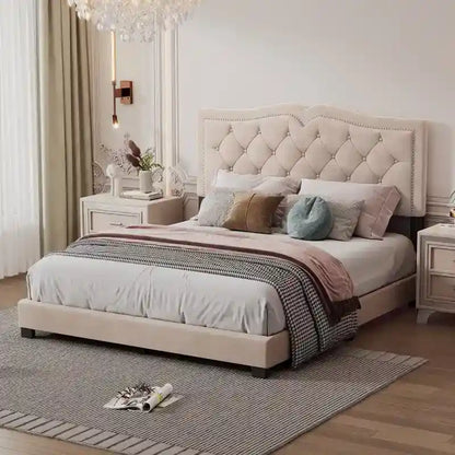 Lit capitonné en velours, avec rivets, taille Queen (matelas d'environ 152 x 203 cm)