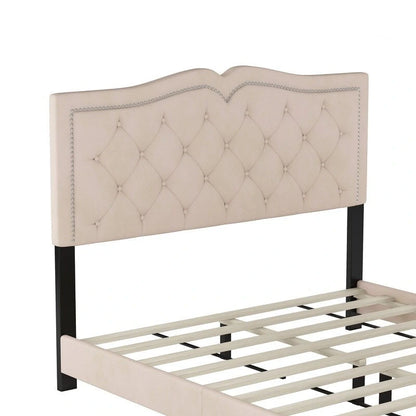 Lit capitonné en velours, avec rivets, taille Queen (matelas d'environ 152 x 203 cm)