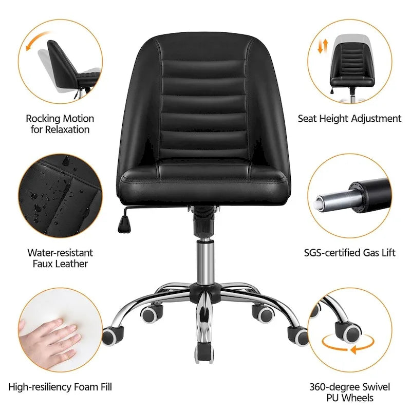 Chaise de bureau sans accoudoirs à dossier mi-haut capitonnée en similicuir