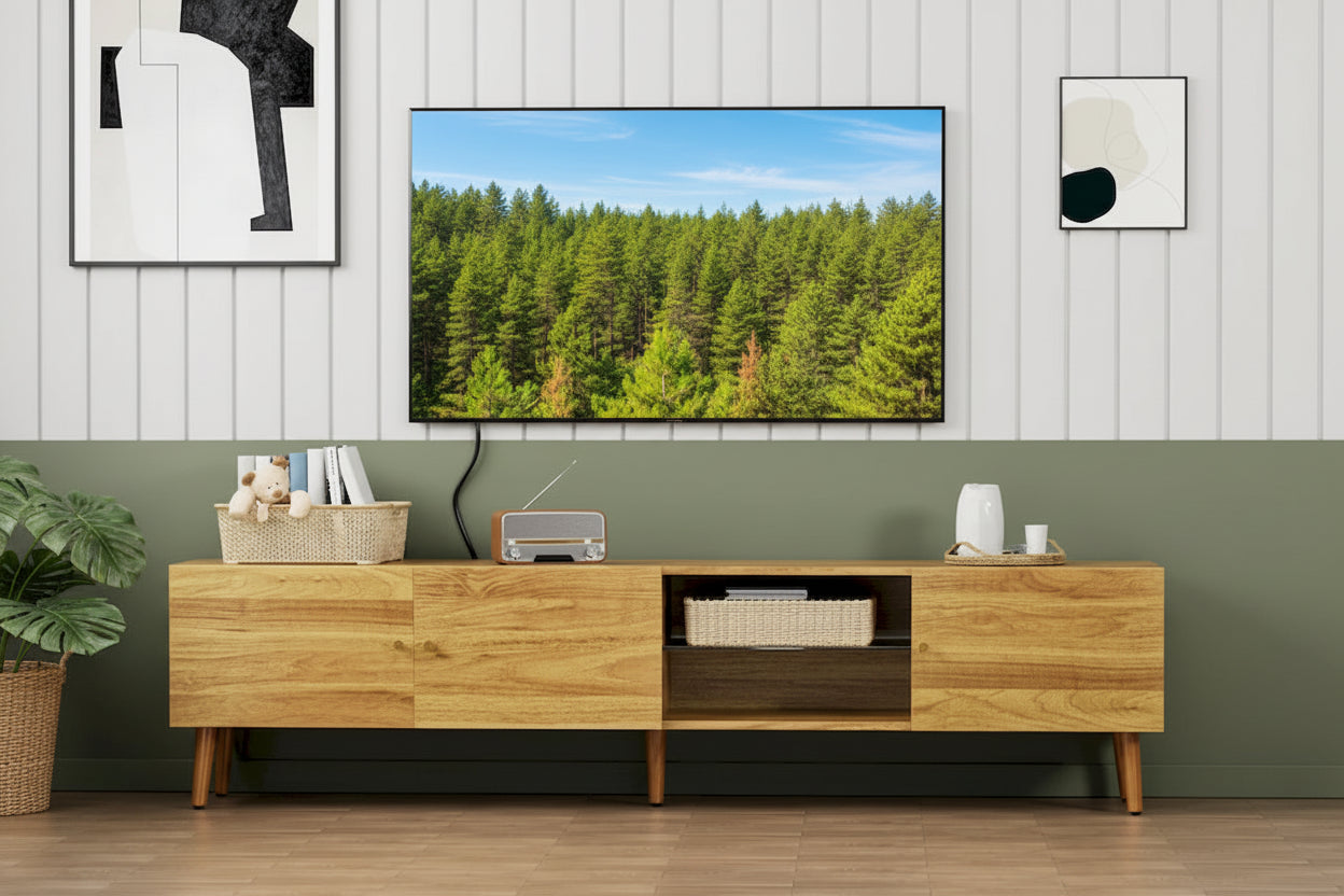 Meuble TV moderne du milieu du siècle de 70 pouces, meuble TV avec rangement, centre de divertissement pour salon et chambre à coucher, console média TV