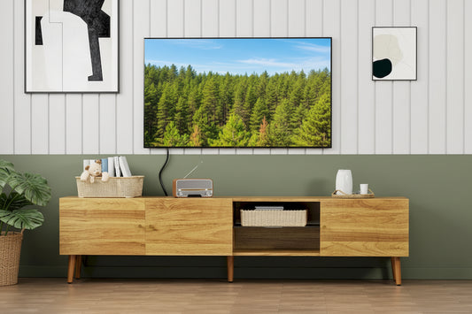 Meuble TV moderne du milieu du siècle de 70 pouces, meuble TV avec rangement, centre de divertissement pour salon et chambre à coucher, console média TV